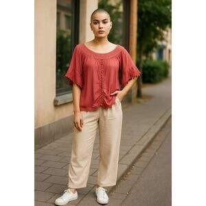 Ali Miles Smocked Tassled Large Coral Boho‎ Beach Festival Tunic Off Shoulder